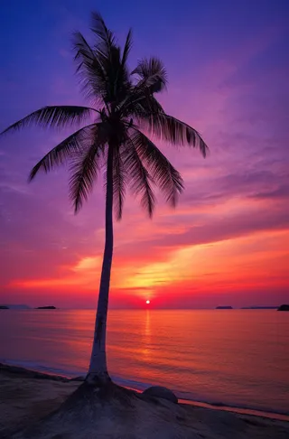 海边沙滩夕阳晚霞日出椰树摄影图