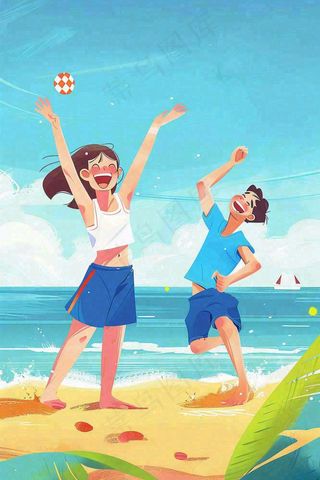 夏至海边沙滩度假玩乐小暑大暑节气插画背景