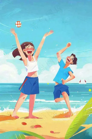 夏至海边沙滩度假玩乐小暑大暑节气插画背景