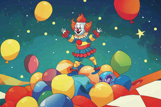 小丑搞怪马戏团游乐园愚人节气球彩带庆祝卡通插画背景