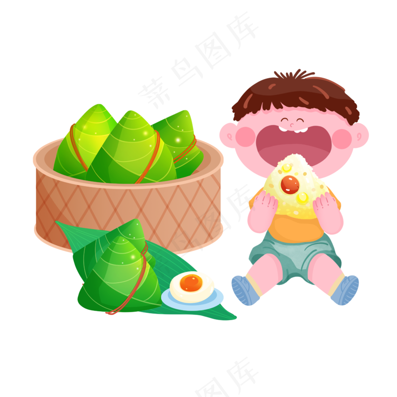 端午节卡通手绘粽子男孩吃粽子元素