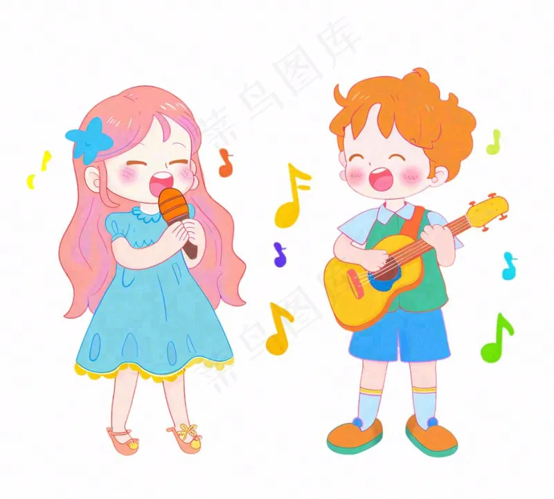 音乐会歌唱比赛儿童学生伴奏弹吉他潮流卡通插画免抠(1136x1024)