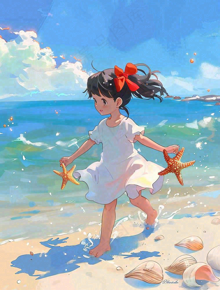 夏日蓝色海边沙滩女孩捡贝壳海鲜户外活动小暑大暑处暑卡通插画背景(960x1264)
