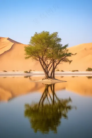 沙漠绿洲湖水倒影的大树摄影图