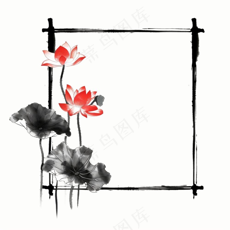 荷花莲花水墨画边框中国风插画免抠(1024x1024)
