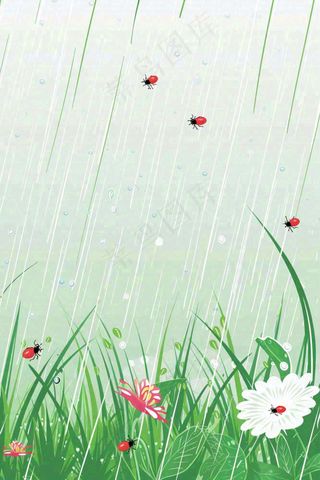 春天草丛花丛昆虫下雨天雨水惊蛰谷雨卡通插画背景