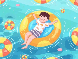 夏天游泳泳池人物游泳男孩蓝色背景泳圈夏日运动小暑大暑夏至立夏卡通插画背景