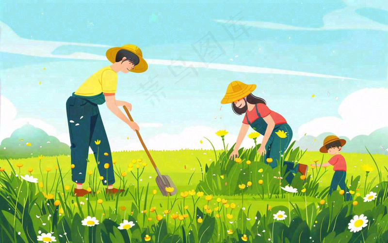 春天一家人在种花植树花丛浇水小满卡通插画背景(1376x864)