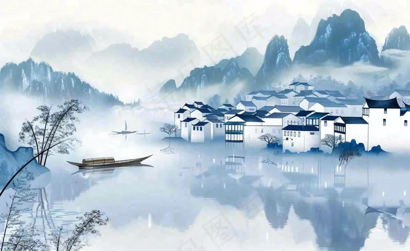 水墨山水江南水乡屋檐白露寒露冷清插画背景(1408x864)