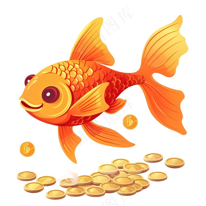 金鱼吐金币新年财富喜庆招财进宝卡通插画免抠(1024x1024)