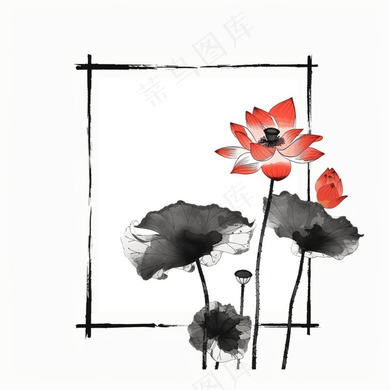 荷花莲花水墨画边框中国风插画免抠(1024x1024)