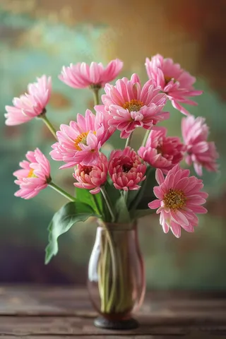 粉色菊花花束花瓶鲜切花摄影图