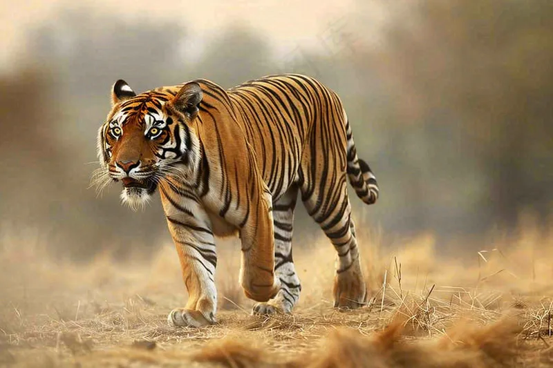 老虎动物秋天草原摄影图(4032x2688)