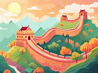 万里长城中国山河国潮插画北京旅游景点八一建军节红色文化卡通插画背景