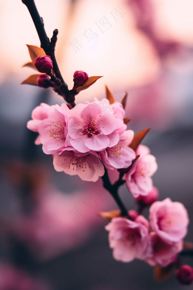 粉梅花春天桃花樱花树枝抽新芽摄影图