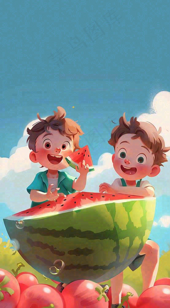 夏天西瓜男孩玩耍欢乐清凉解暑盛夏夏至大暑插画背景(816x1472)