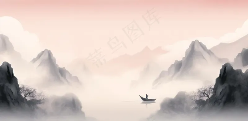 山水水墨画云层山峰中国风插画背景(1568x768)