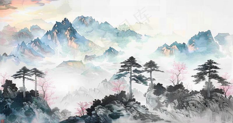水墨祖国山河磅礴气势青山国画插画背景(4308x2274)