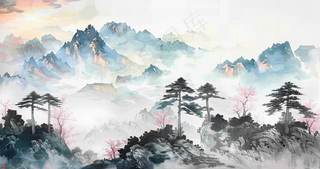 水墨祖国山河磅礴气势青山国画插画背景