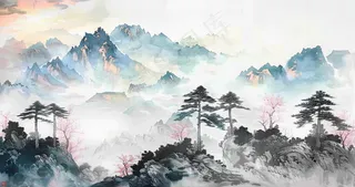 水墨祖国山河磅礴气势青山国画插画背景