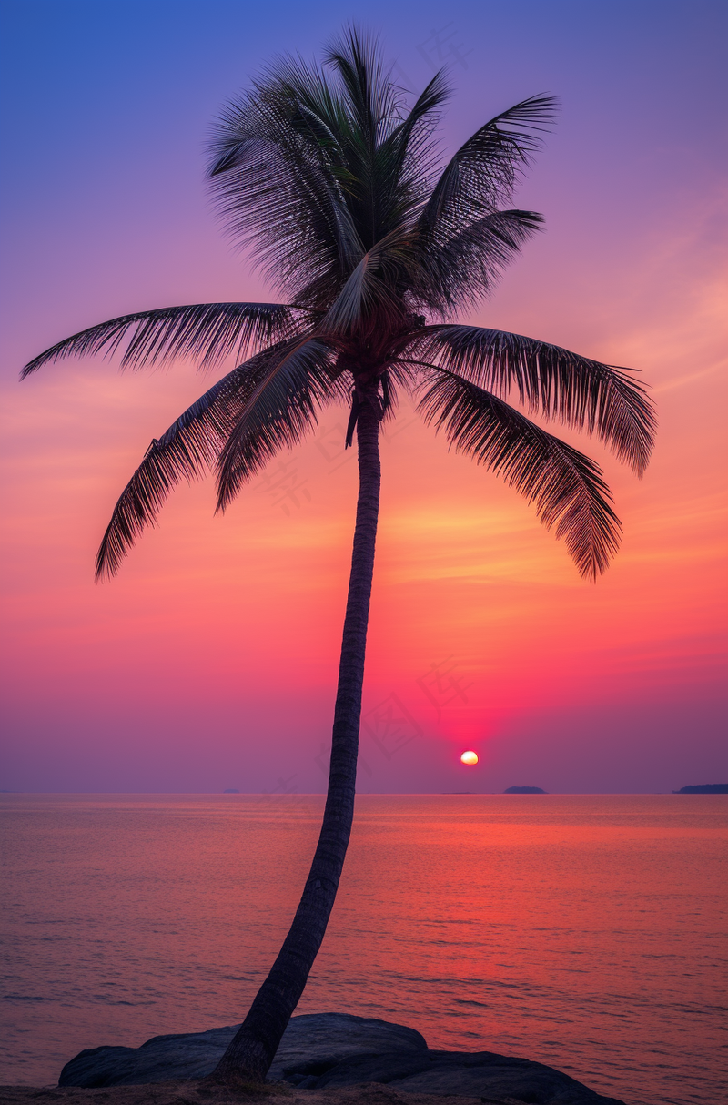海边沙滩夕阳晚霞日出椰树摄影图(2688x4080)