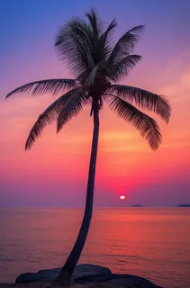 海边沙滩夕阳晚霞日出椰树摄影图