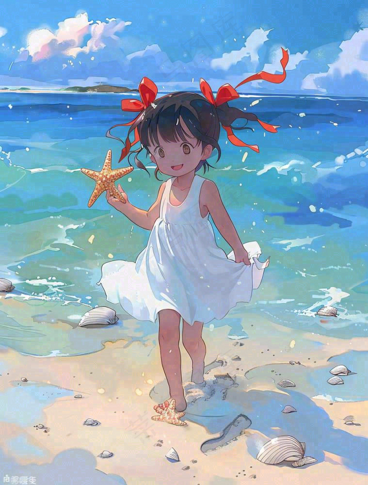 夏日蓝色海边沙滩女孩捡贝壳海鲜户外活动小暑大暑处暑卡通插画背景(960x1264)