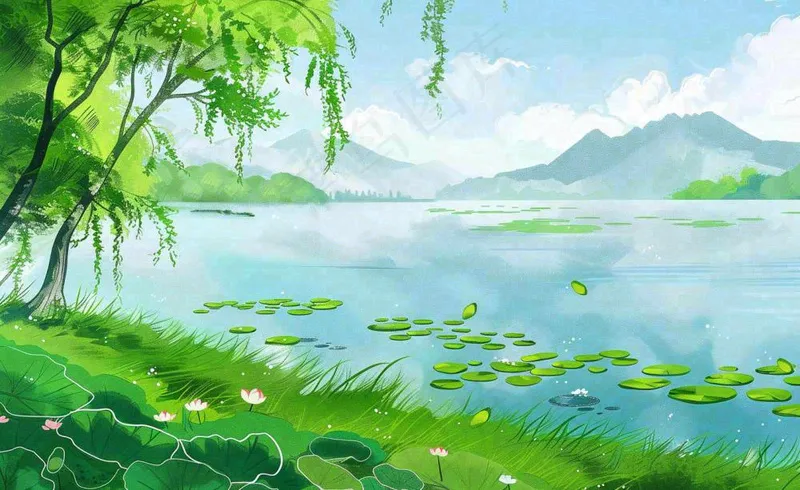 春夏风景湖泊荷花柳树立夏小暑夏至插画背景(1408x864)