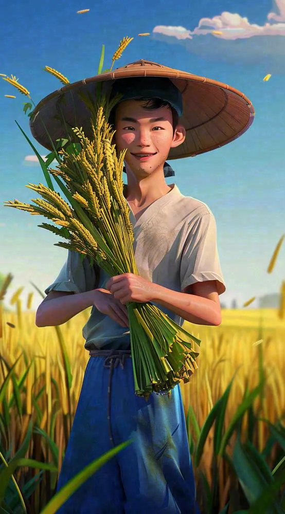 农民抱着一束水稻稻穗农田小满芒种插画背景(816x1472)