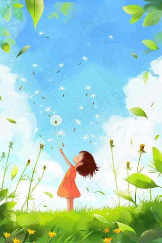 春天蒲公英绿草地蓝天白云红裙子女孩小清新唯美立春春分惊蛰立夏卡通插画背景