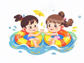 游泳游泳圈儿童水上乐园运动卡通插画免抠