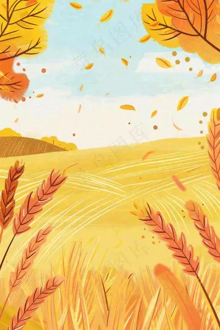 秋天金黄的麦田小麦黄树秋风丰收的季节立秋秋分卡通插画背景