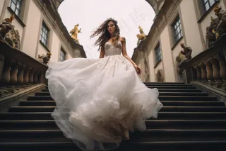 落跑新娘白色婚纱教堂楼梯摄影图