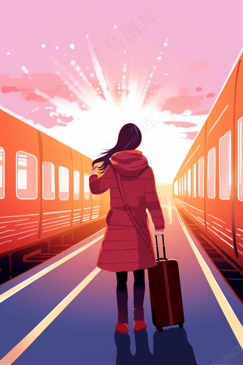 中国传统节日春节除夕春运赶火车回家团聚的人物插画海报背景