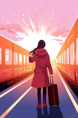 中国传统节日春节除夕春运赶火车回家团聚的人物插画海报背景