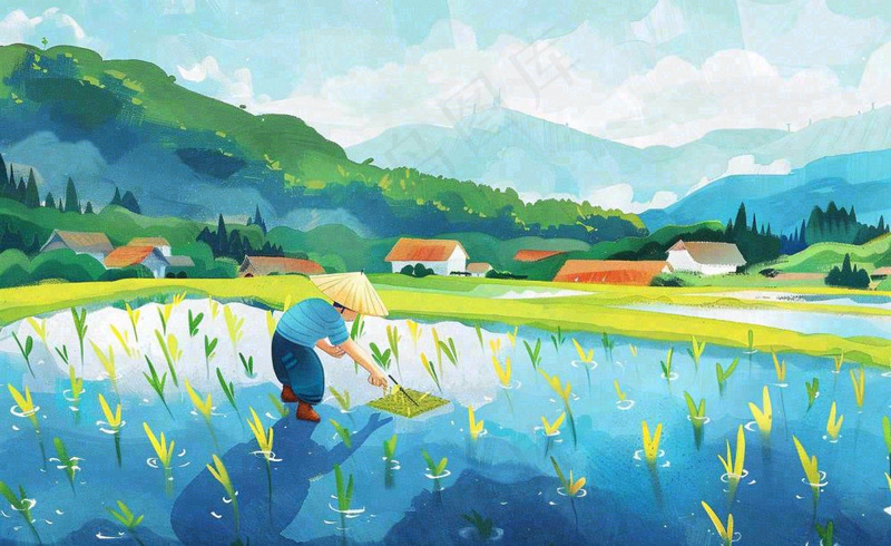 水彩手绘谷雨农夫插秧小满芒种蓝色清新背景插画(1408x864)