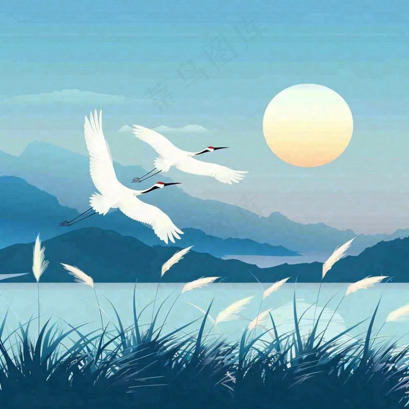 白鹭齐飞天水一色山水画芦苇荡清冷白露寒露插画背景(1024x1024)