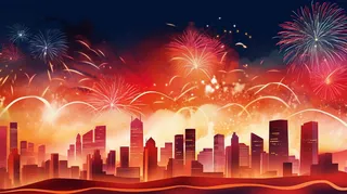 新年春节城市烟花庆祝新一年热闹喜庆卡通红色插画背景