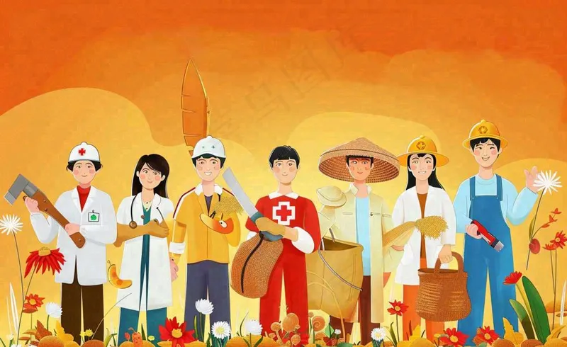 卡通人物劳动节职业人员橙色背景卡通插画背景(1408x864)