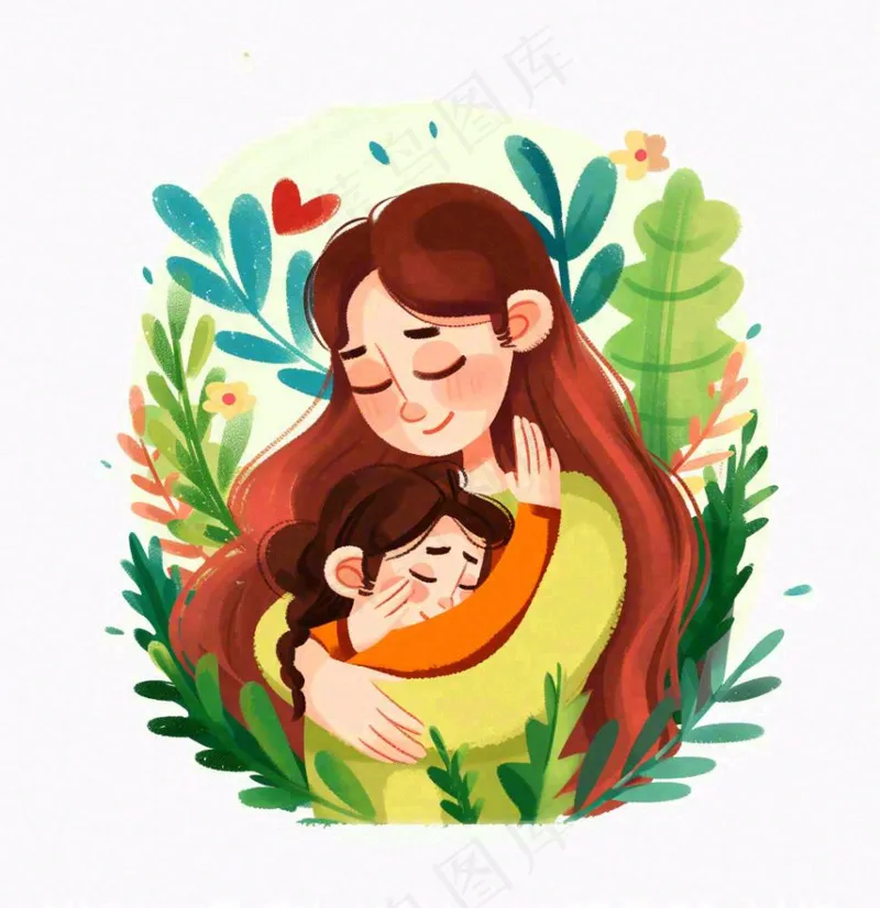 妈妈抱着孩子母亲花草环抱亲情卡通插画免抠(1024x1056)