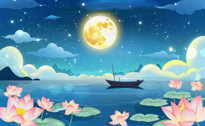 中秋夜晚赏月荷花山水河流中的帆船舟月亮倒映水面中元节寒露插画背景(1408x864)