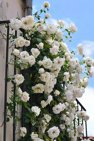 白色玫瑰花爬墙花摄影图