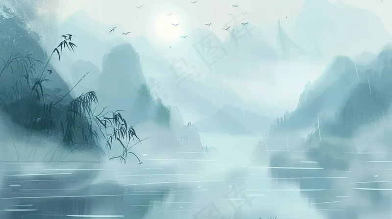 水墨山水画阴雨连绵青山插画背景(4368x2448)
