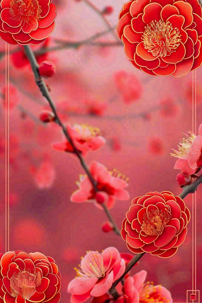 新年新春梅花灯笼喜庆剪贴画背景(896x1344)