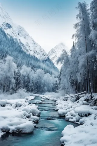 新疆冬季结冰下雪河流风景摄影图