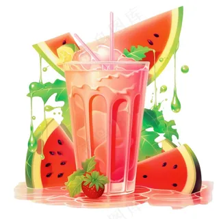 西瓜汁冰镇饮料水果茶卡通插画插图免抠