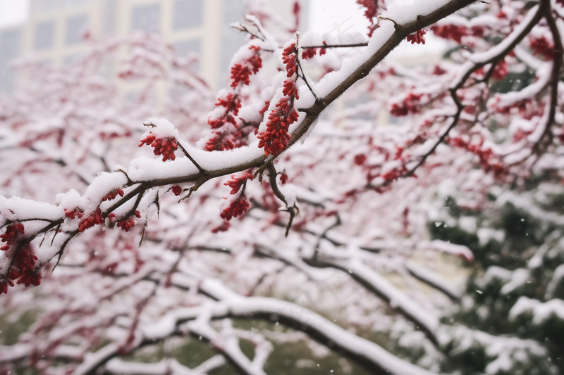 冬季初雪树枝大雪覆盖红色果实摄影图