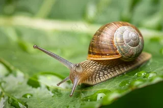 春天绿叶上的蜗牛雨水露珠摄影图
