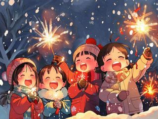 孩童儿童一起放烟花场景开心热闹庆祝新年春节小年除夕夜卡通插画背景