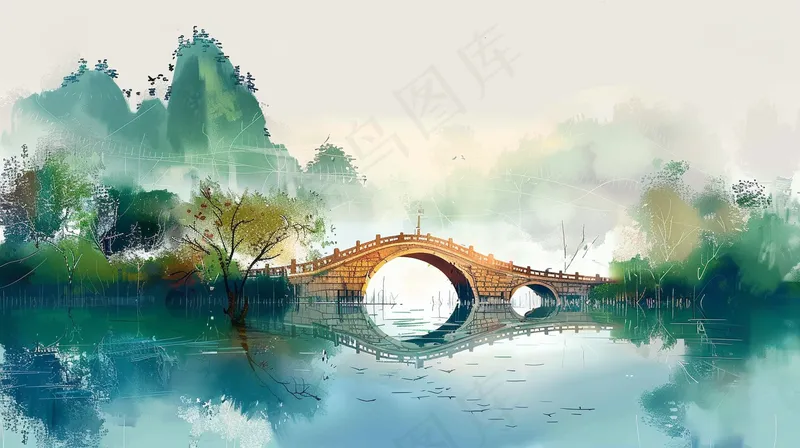 江南水乡水墨画拱桥插画背景(4368x2448)